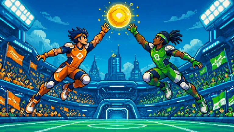Original athletes competing in a zero-gravity stadium above a futuristic city.
