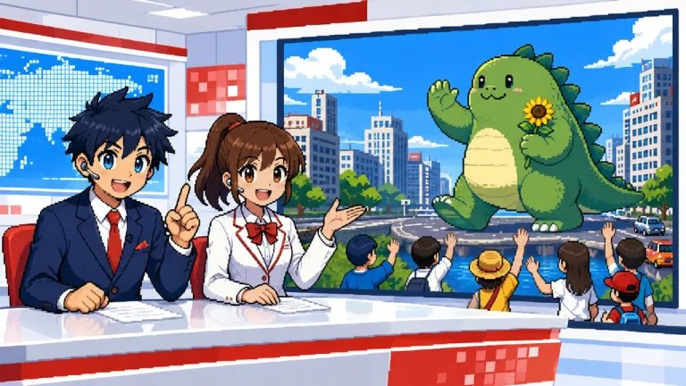Anime news anchors reporting on a giant friendly creature in a city.