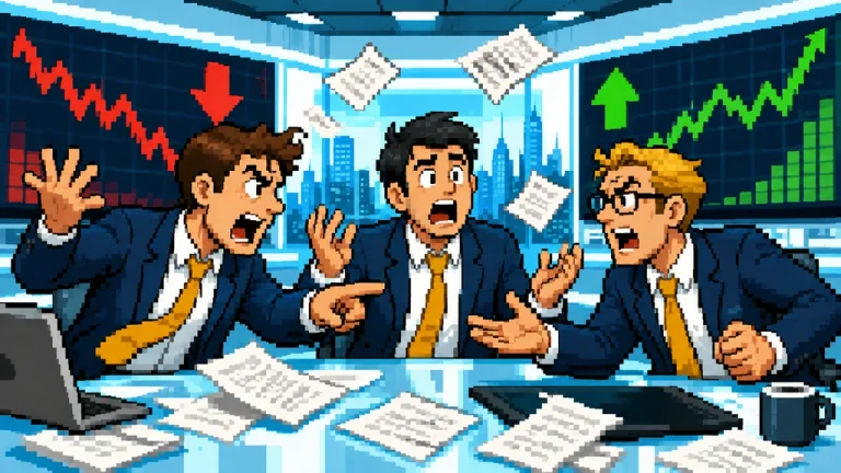 Three exhausted financial-news hosts reacting to a chaotic terminal.