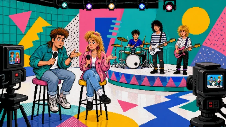 Two nervous young hosts introducing a colorful original music video.