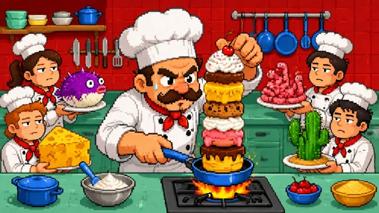 A solemn television chef stirring a colorful pot with a remote control.