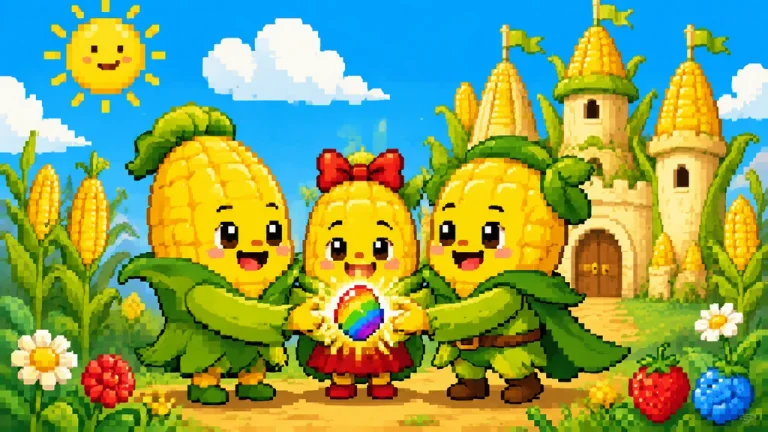 Cheerful corn children deciding how to share a glowing kernel.