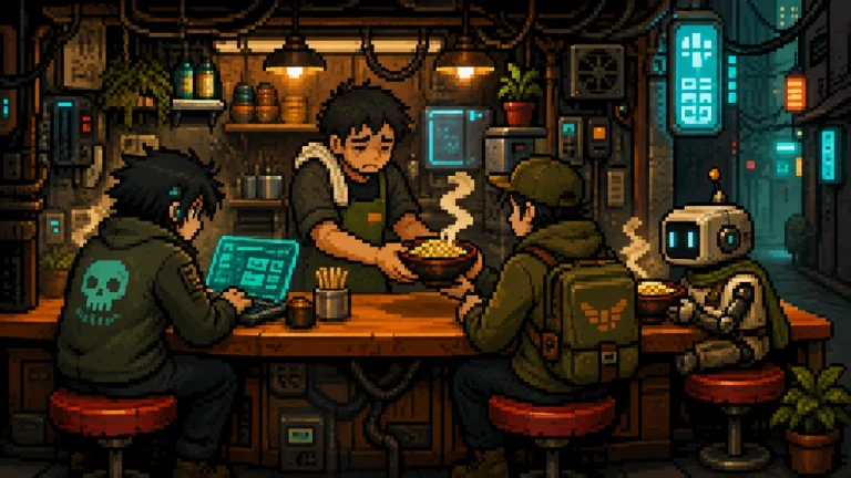A cyberpunk cafe AI serving hackers beneath flickering neon signs.