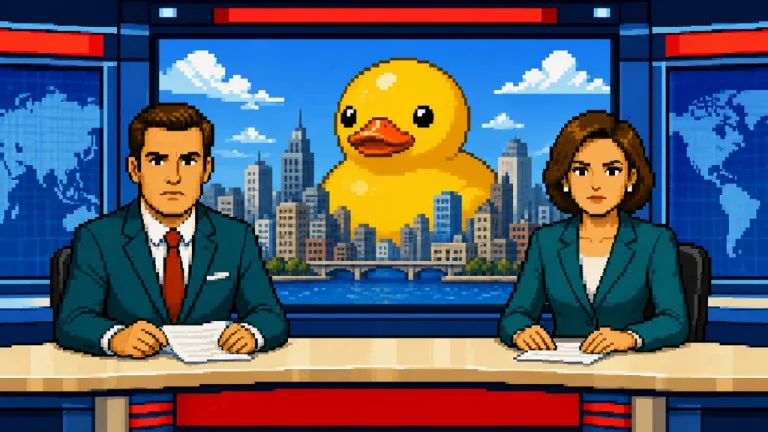 News anchors reporting calmly as an impossible event unfolds behind them.
