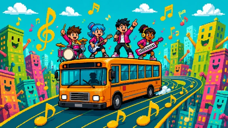 A colorful original hero and friends performing atop a surreal city bus.