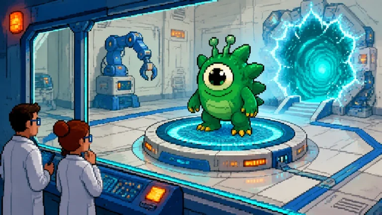 A strange interdimensional subject standing on a glowing laboratory platform.