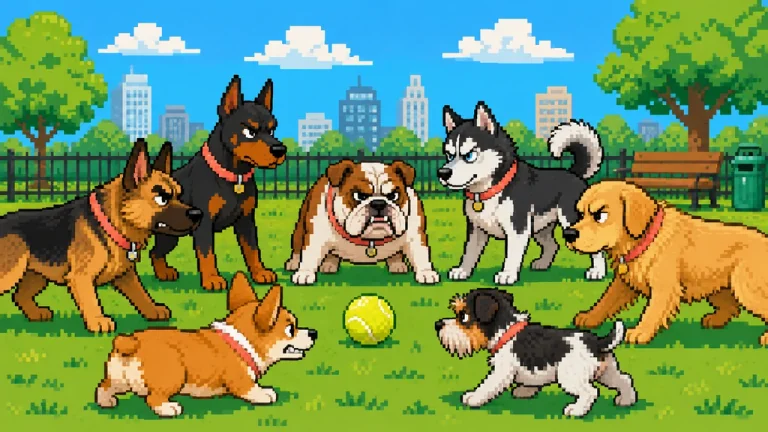 A serious lineup of expressive dogs gathered around one tennis ball.