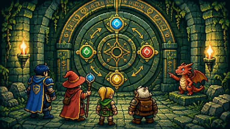 A fantasy party studying a glowing mechanism inside an ancient dungeon.