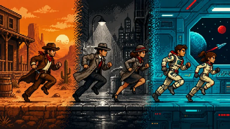 The same three film characters crossing between noir and fantasy worlds.