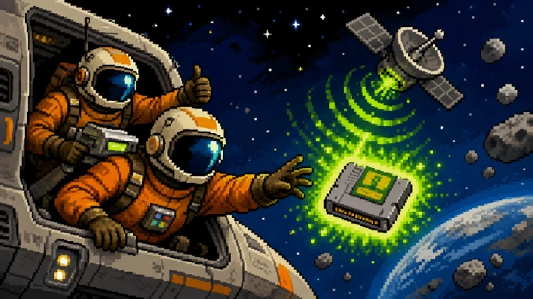 Cel-animated bounty hunters discovering a pixelated world on a spaceship screen.