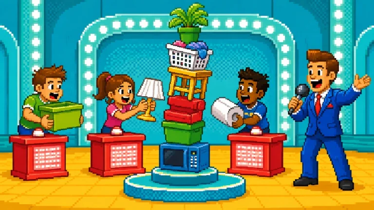 Contestants confronting an absurd obstacle on a colorful retro game show.