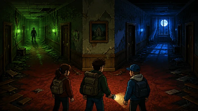 Three survivors facing two dark corridors in an abandoned hotel.