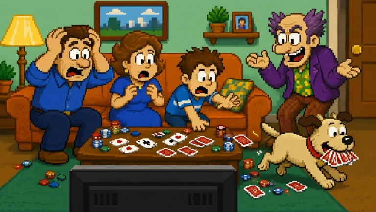 An original animated sitcom family reacting around a living-room television.