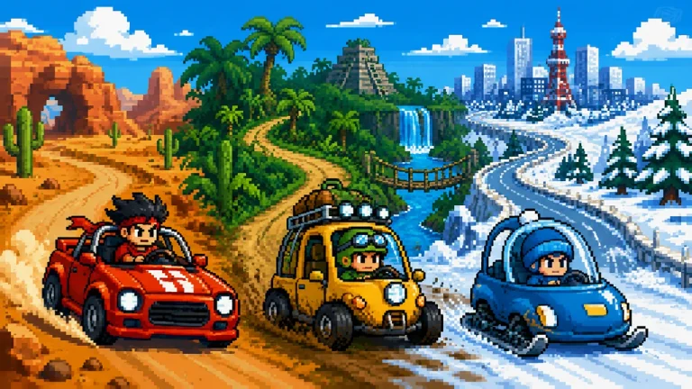 Colorful original race vehicles choosing between jungle and ice tracks.