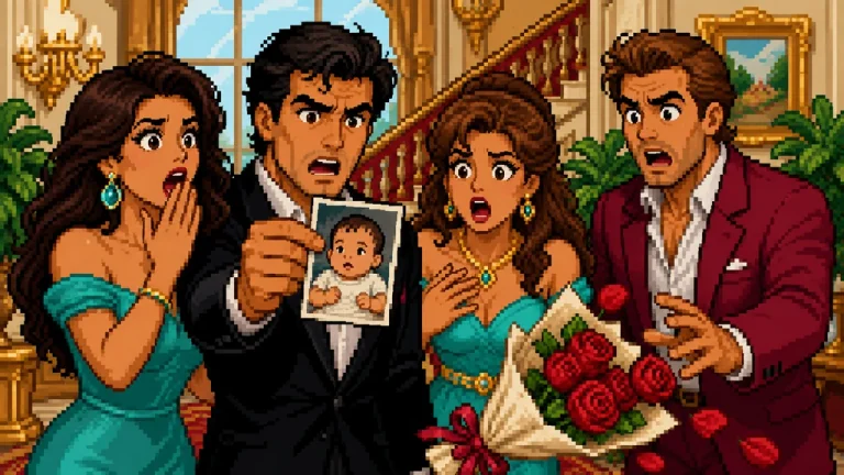 A glamorous family reacting to an unexpected twin at a mansion doorway.