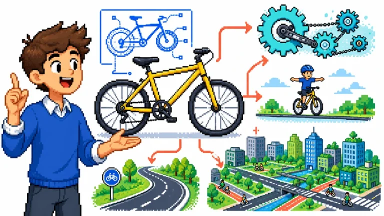 A friendly presenter connecting a bicycle, atom and synthesizer on a visual map.