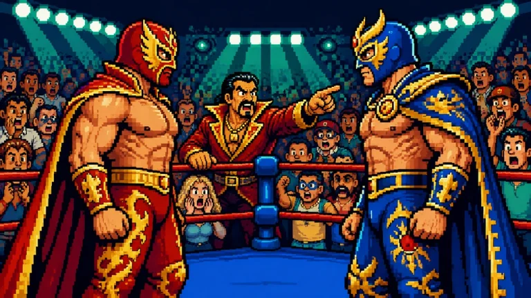Two fictional wrestlers facing off as masked rivals storm the arena.