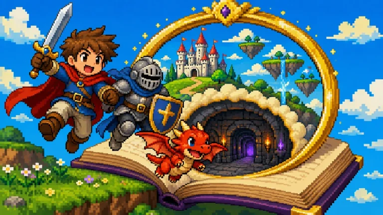 An anime adventuring party descending through a spiral of nested fantasy worlds.
