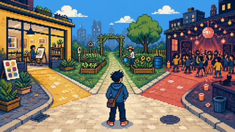 A young woman choosing between two paths through a changing city.