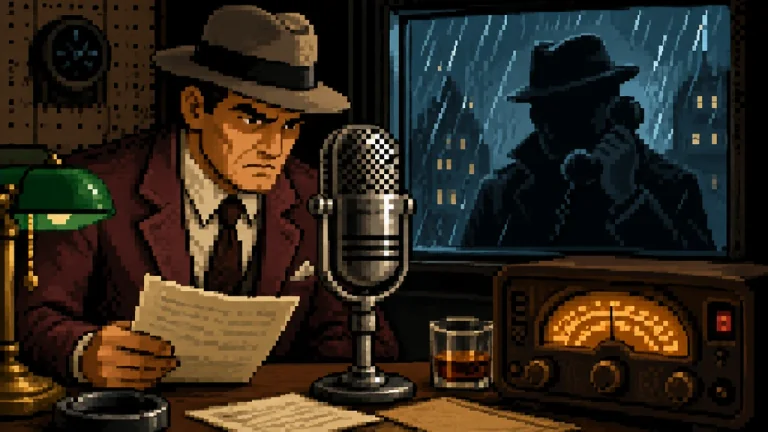 A late-night radio scene with dialogue and score generated together.