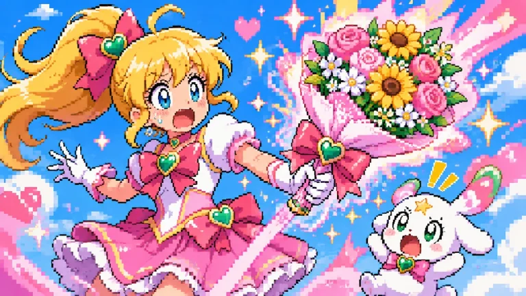 A pink-haired magical girl accidentally throwing her wand at a trash monster.