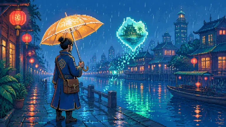 An archivist holding a glowing umbrella on a rain-soaked lantern street.