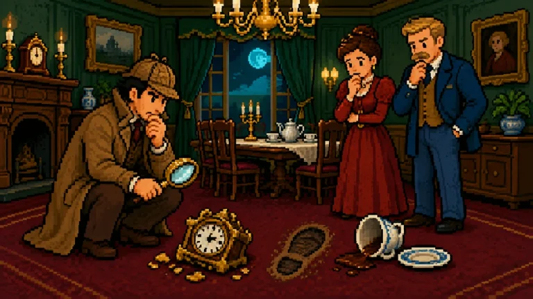 Two detectives examining clues in an elegant locked-room mystery.
