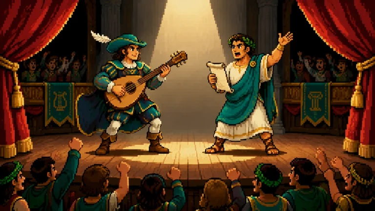 Two public-domain historical figures competing on a theatrical stage.