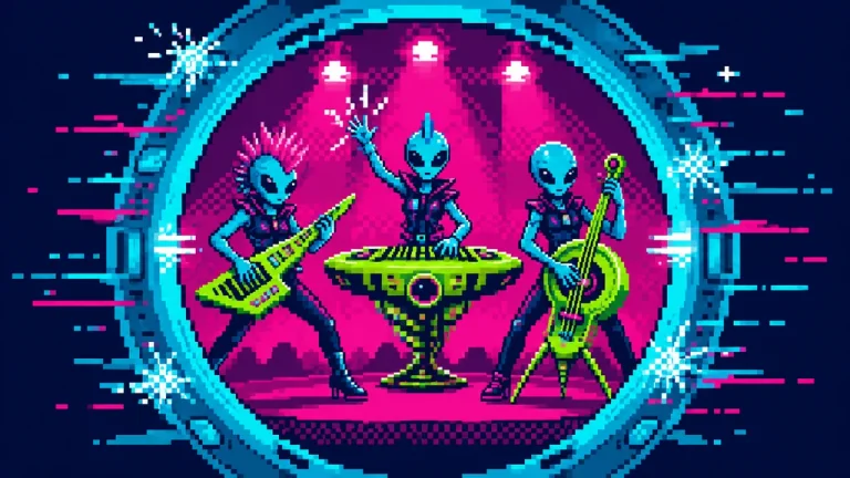 An alien synth-pop band performing inside a glowing interdimensional portal.