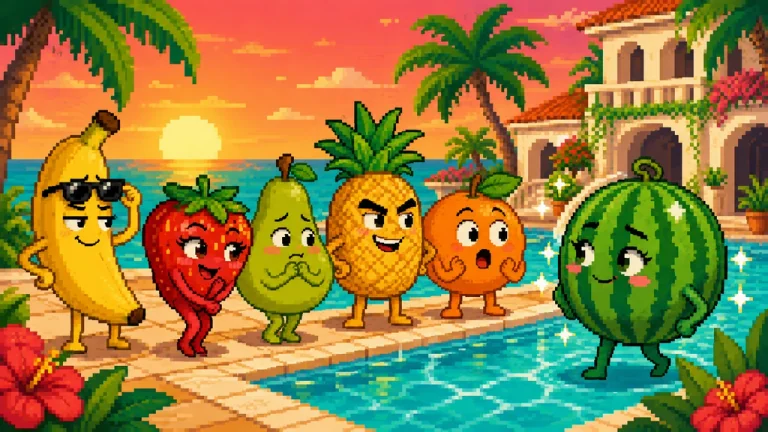 Single fruit characters reacting to a new arrival beside a tropical villa pool.