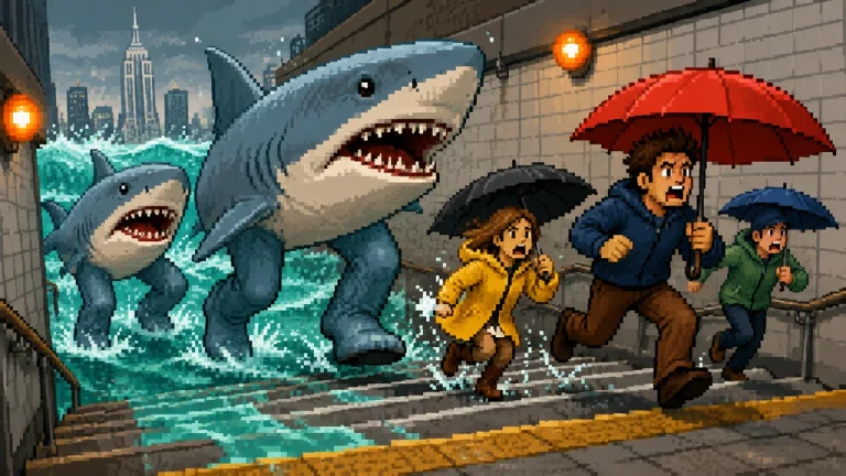 A legged shark climbing apartment stairs toward a surprised party.