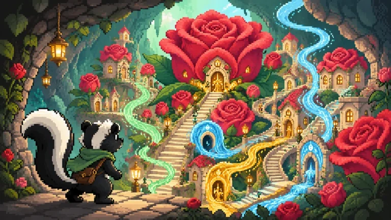 A theatrical heroine opening a rose-shaped doorway beneath a city.