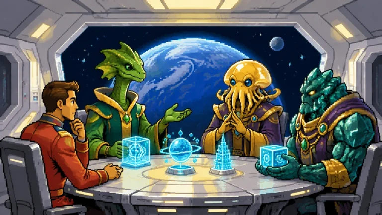 A diverse starship crew meeting crystalline aliens in a luminous chamber.