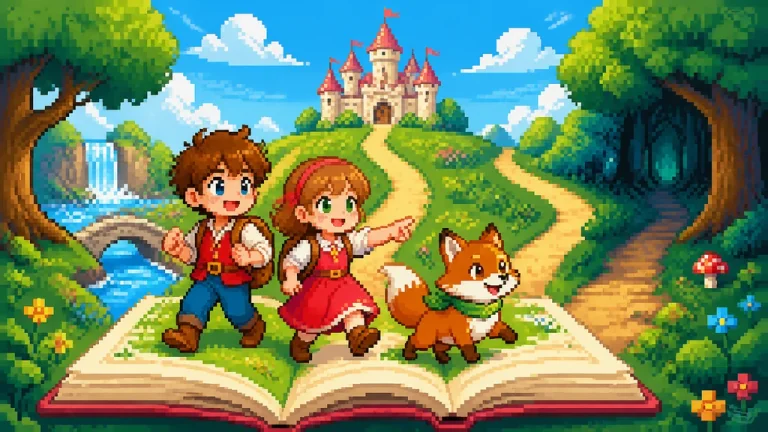 Original storybook travelers approaching a glowing castle in an enchanted forest.