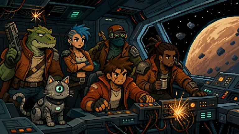 A recurring five-person anime crew that persists across scenes.