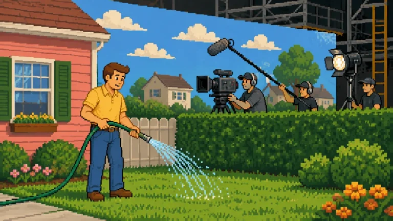 A confused man noticing identical strangers on an artificial suburban street.
