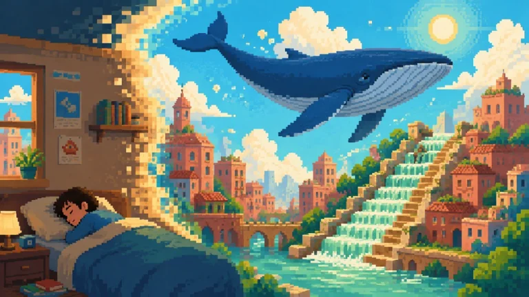 A dreamer standing in a city where water floats upward into the sky.