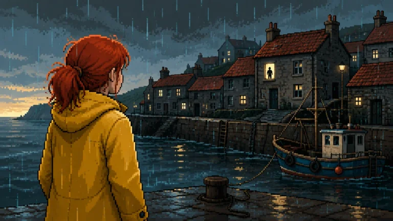 A red-haired psychologist facing a rainy British fishing village in 1979.