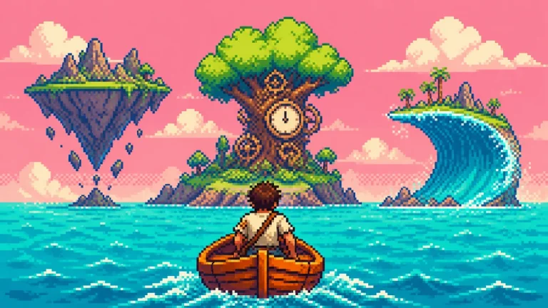 A shipwreck survivor approaching an island where gravity bends upward.