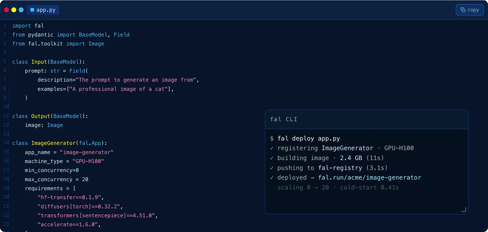 An app.py defining a fal App, beside a terminal running fal deploy